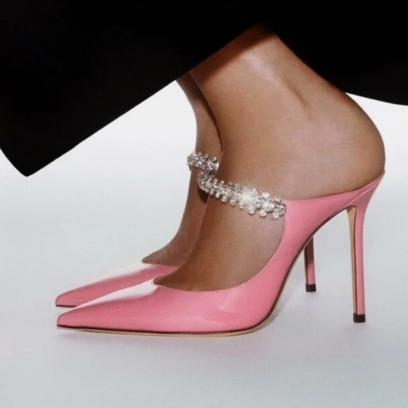 Jimmy Choo Bing 100 Shiny Patent Leather Crystal Stiletto Heels Bubble Pink - Picture 3 of 16